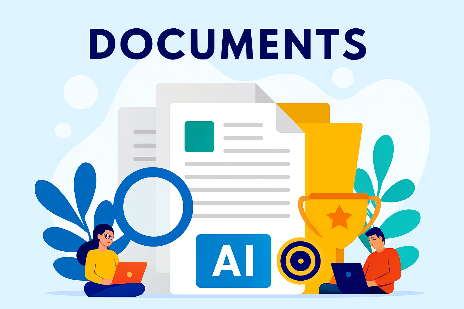 Illustration de documents avec feuilles de papier, dossier jaune, loupe, trophée et éléments graphiques sur fond bleu clair.