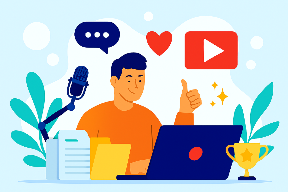 Illustration d’un influenceur YouTube filmant du contenu avec micro, caméra, ordinateur portable et icônes numériques comme likes, commentaires et bouton lecture.