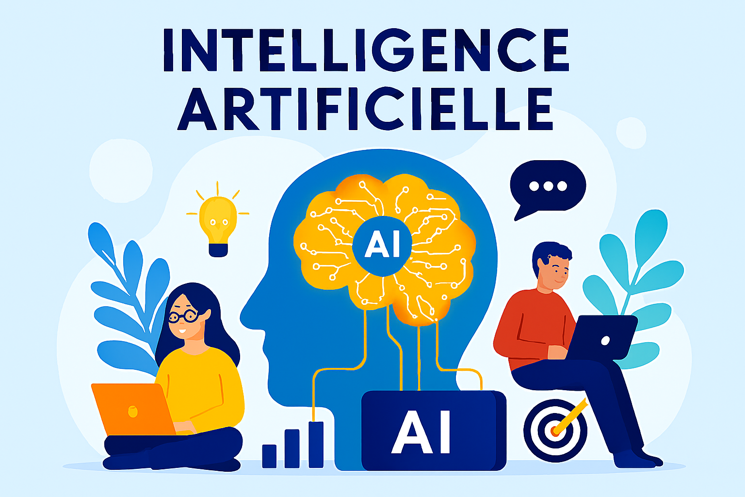 Illustration conceptuelle de l’intelligence artificielle avec tête stylisée en circuits, icônes numériques, cerveau lumineux et éléments technologiques sur fond bleu futuriste.