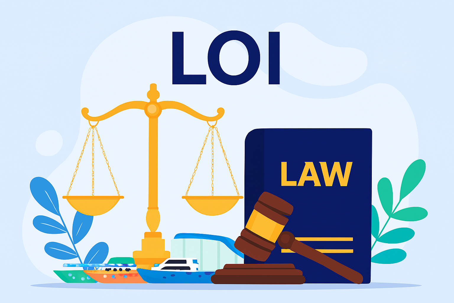 Illustration symbolique de la loi avec une balance dorée, un livre de droit, un marteau de juge et des éléments décoratifs sur fond bleu clair.