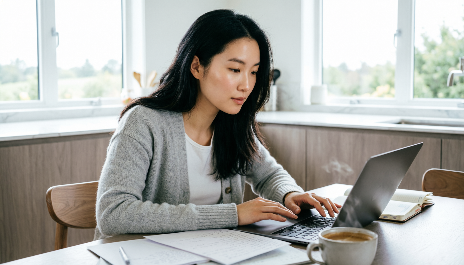 Femme travaillant à distance sur un ordinateur portable dans une cuisine lumineuse
