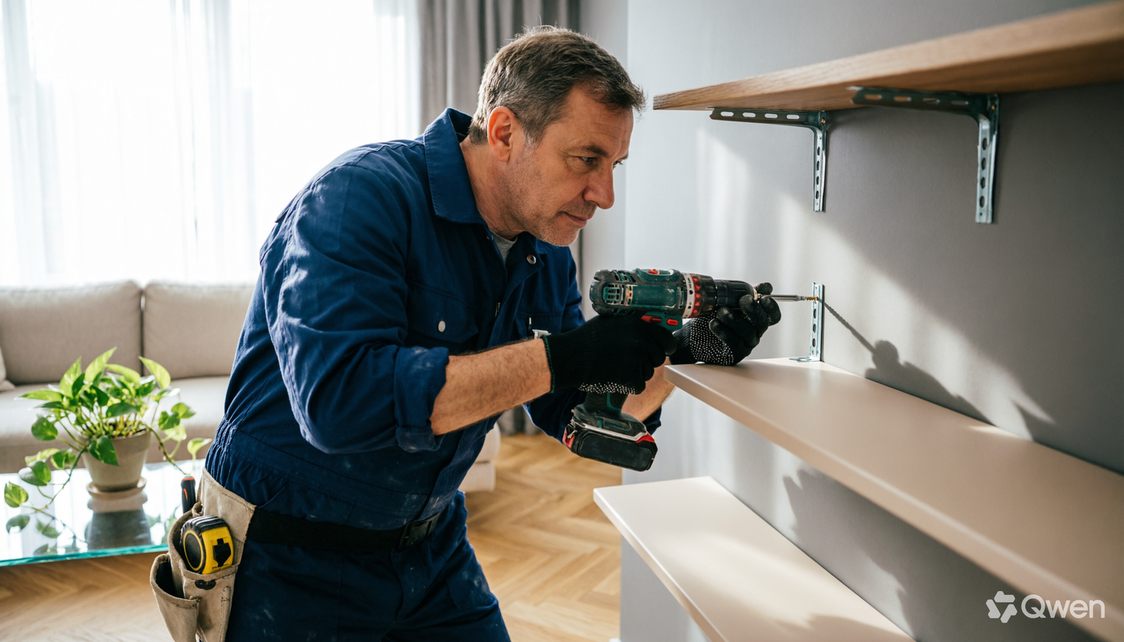 Bricoleur fixant une étagère murale