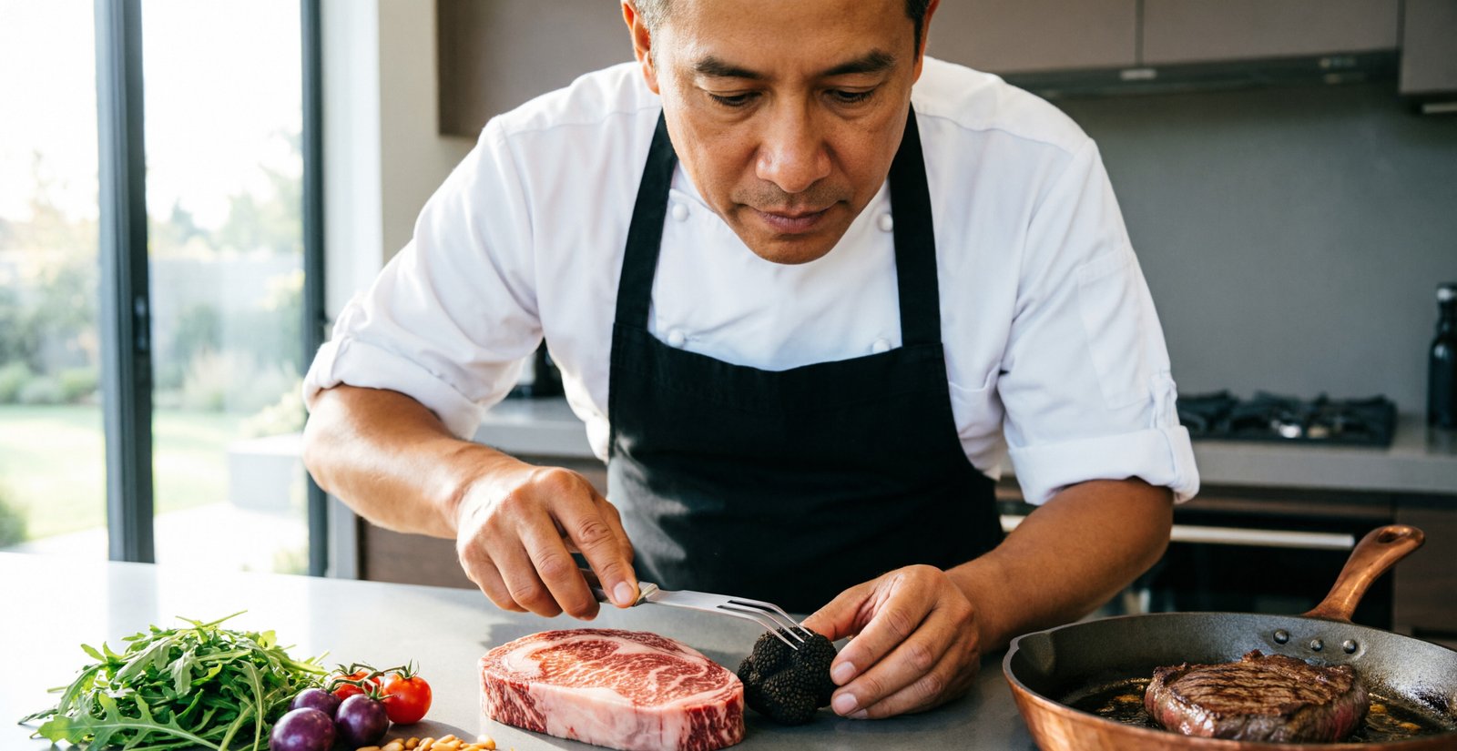Chef cuisinier préparant un plat raffiné dans une cuisine à domicile