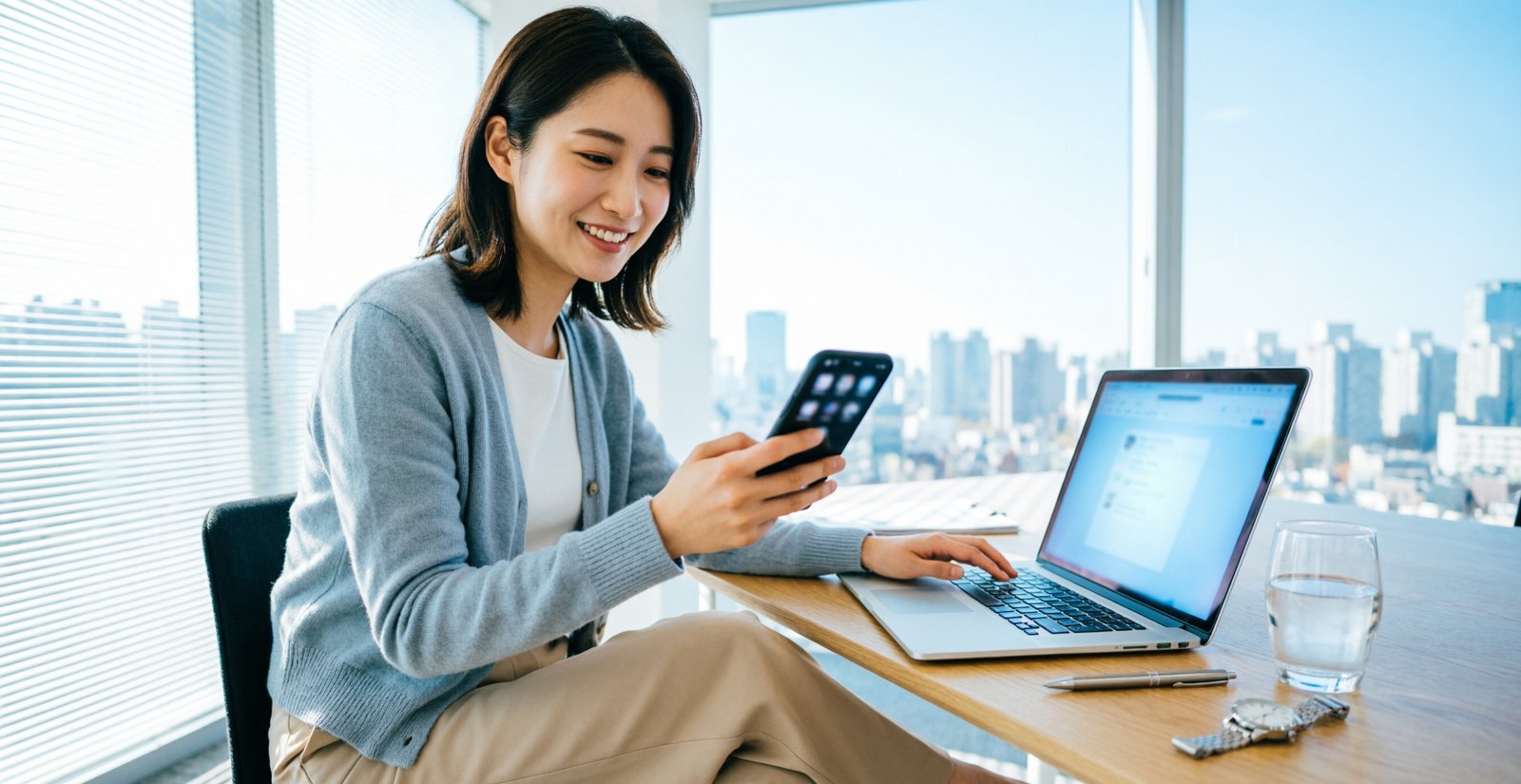 Community manager gérant les réseaux sociaux sur ordinateur et smartphone