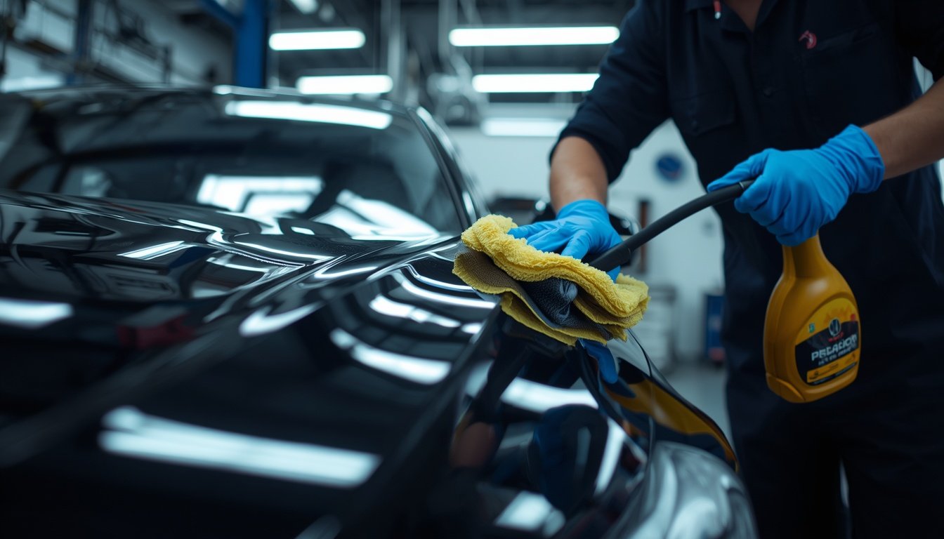 Professionnel du detailing polissant la carrosserie d'une voiture