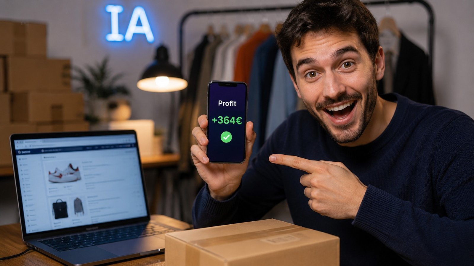 Personne utilisant smartphone et ordinateur pour vendre des objets en ligne avec assistance IA