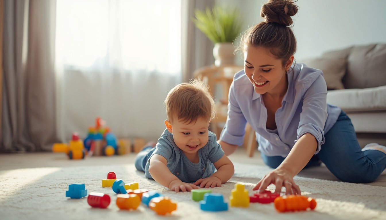 Nounou jouant avec un enfant dans un salon lumineux