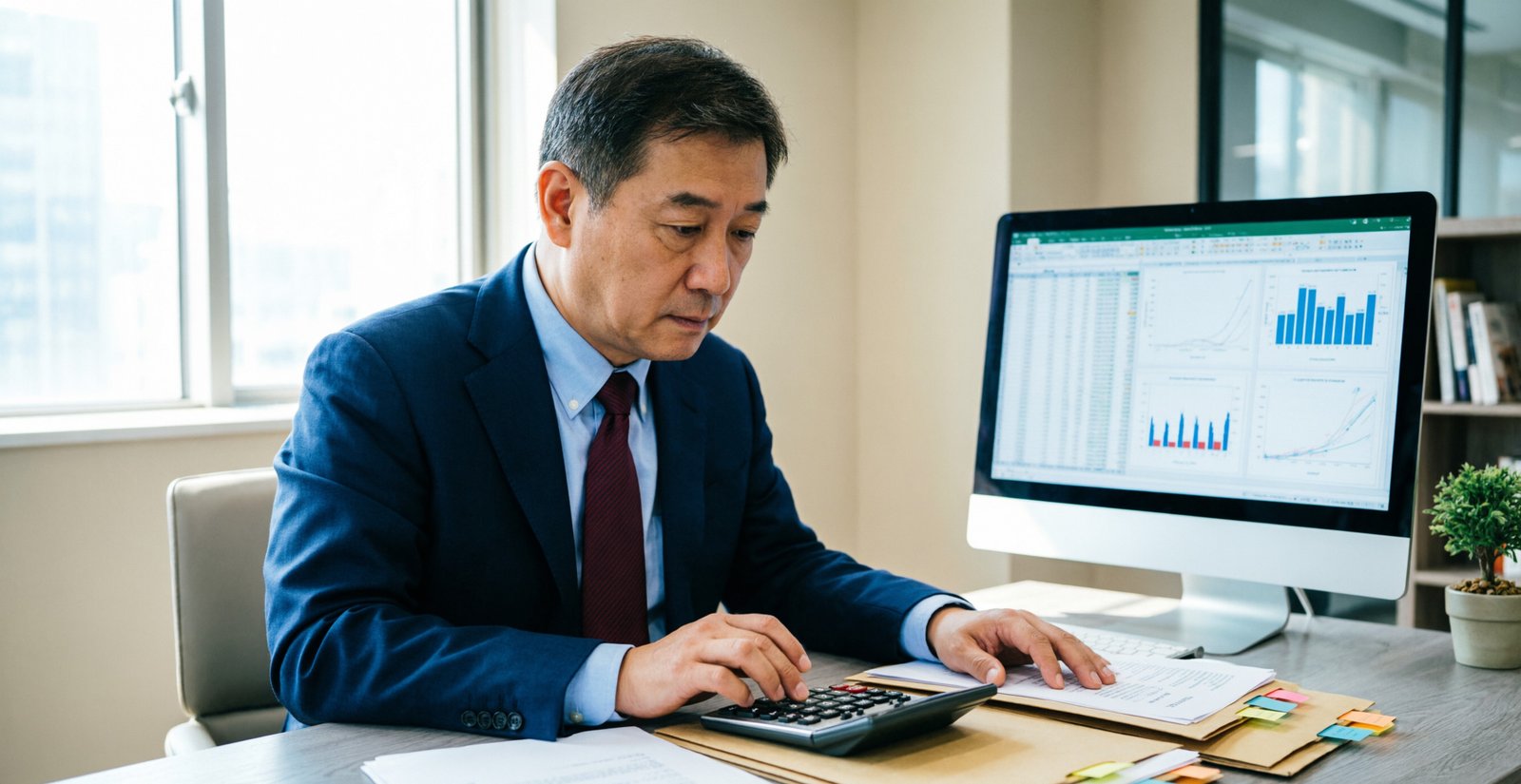 Expert-comptable analysant des documents financiers devant un écran d'ordinateur