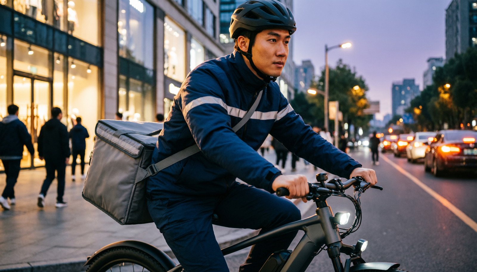 Livreur à vélo avec sac de livraison dans une rue urbaine