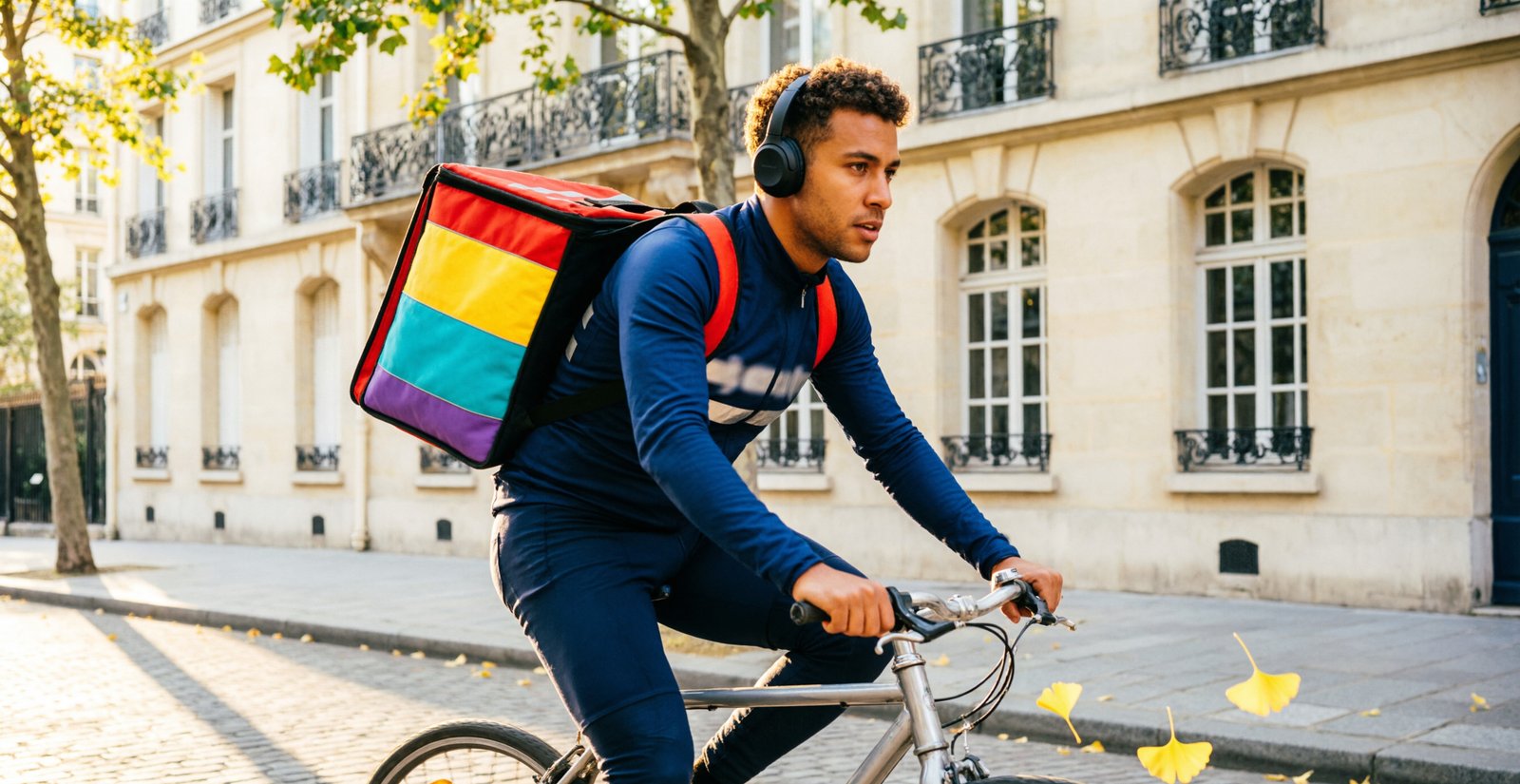 Livreur à vélo avec sac de livraison dans une rue urbaine