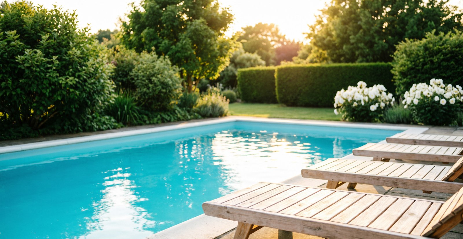 Piscine privée avec transats prête à accueillir des baigneurs