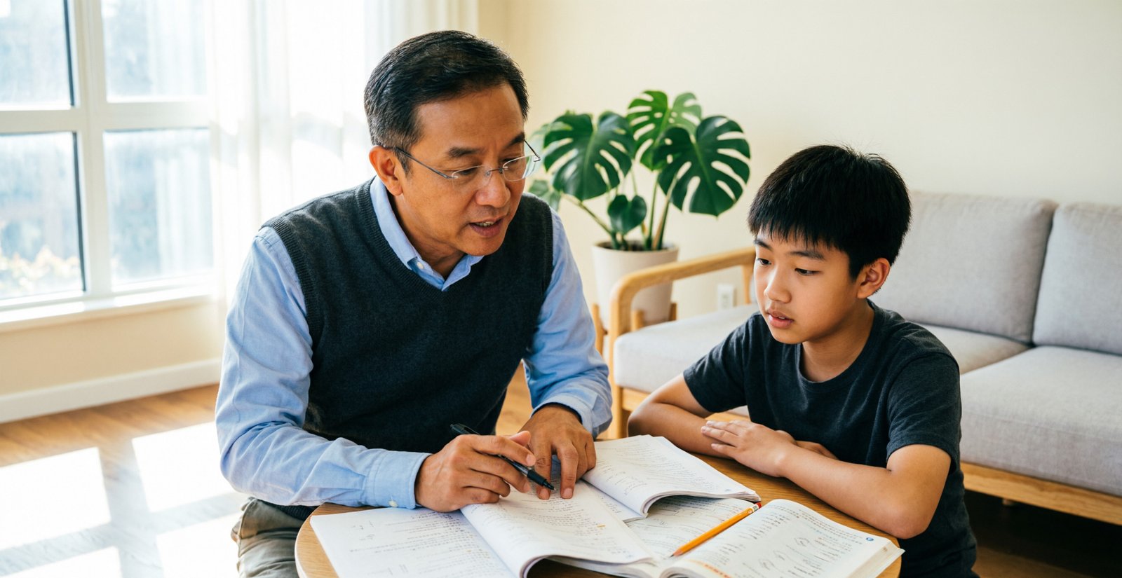 Professeur particulier donnant un cours de soutien scolaire à un élève à domicile