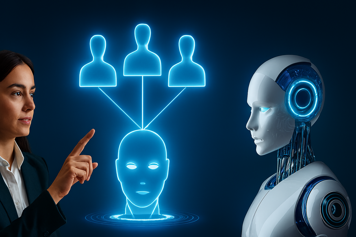 Illustration conceptuelle de l’évolution du travail face à l’intelligence artificielle : trois silhouettes humaines floues représentant des métiers obsolètes s’effacent à gauche, tandis qu’à droite, des figures humaines lumineuses interagissent avec des interfaces futuristes et des robots collaboratifs dans un environnement technologique moderne