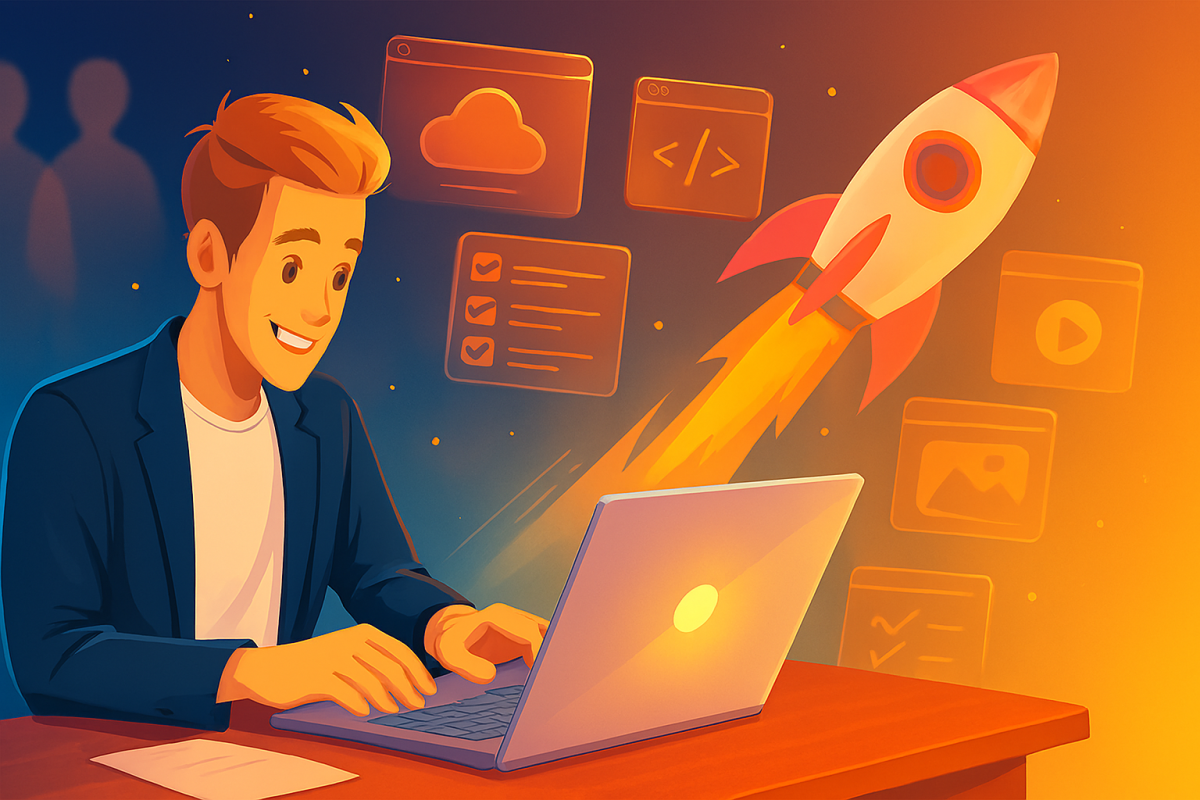 Illustration conceptuelle d’un entrepreneur lançant une application SaaS grâce au no-code : bureau moderne avec ordinateur affichant une interface glisser-déposer, icônes de SaaS flottants, ambiance technologique et dynamique sans texte