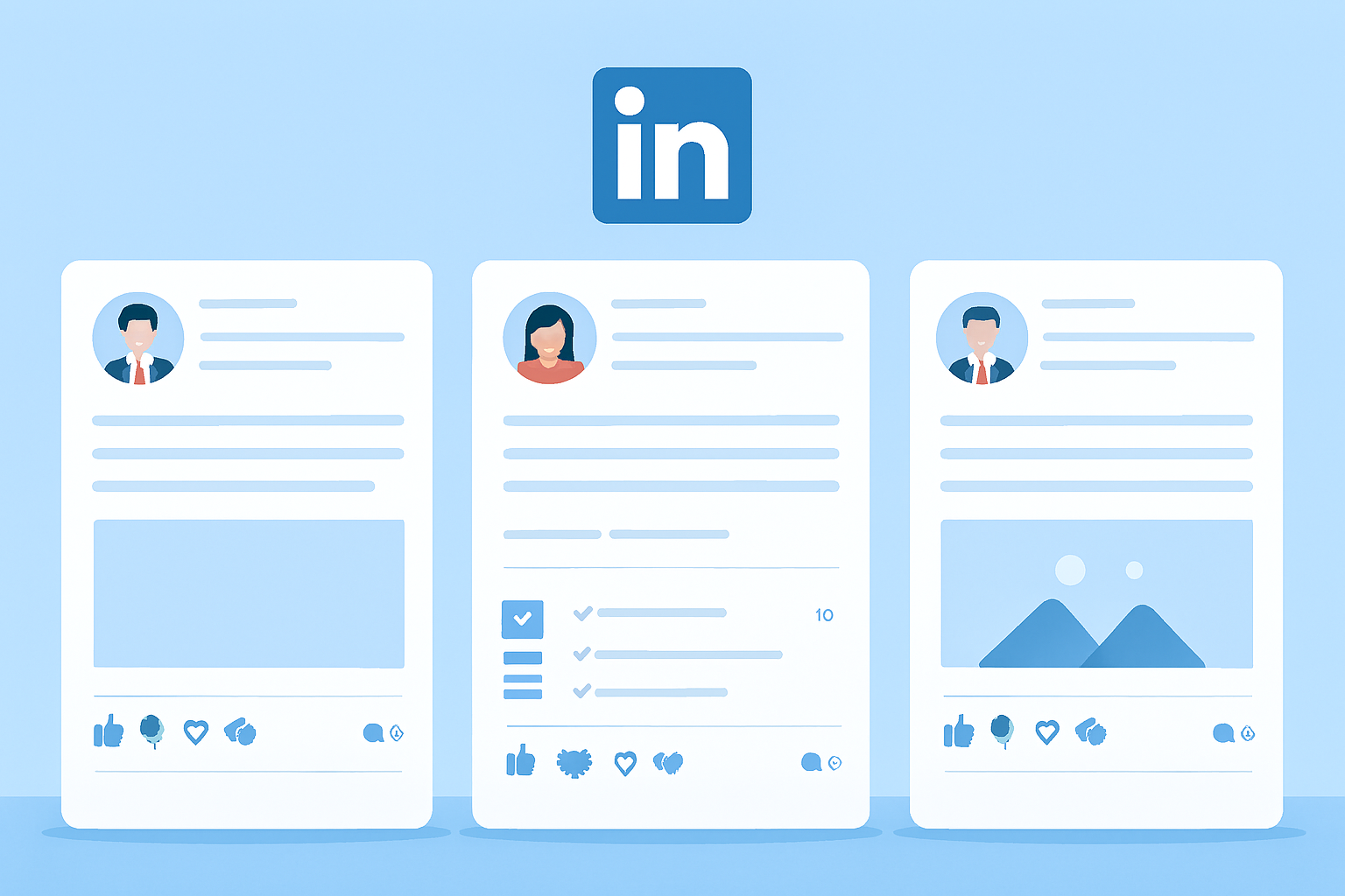 Illustration de posts LinkedIn affichés sur un écran en format paysage 16/9 HD, interface professionnelle avec photos de profil, textes, réactions et commentaires