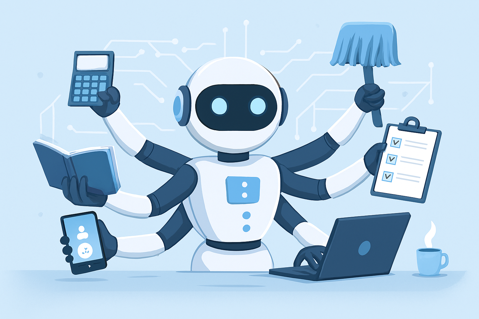 Illustration d’un robot IA multitâche en format paysage 16/9 HD, effectuant simultanément des tâches comme écrire, nettoyer, organiser et analyser des données dans un bureau futuriste